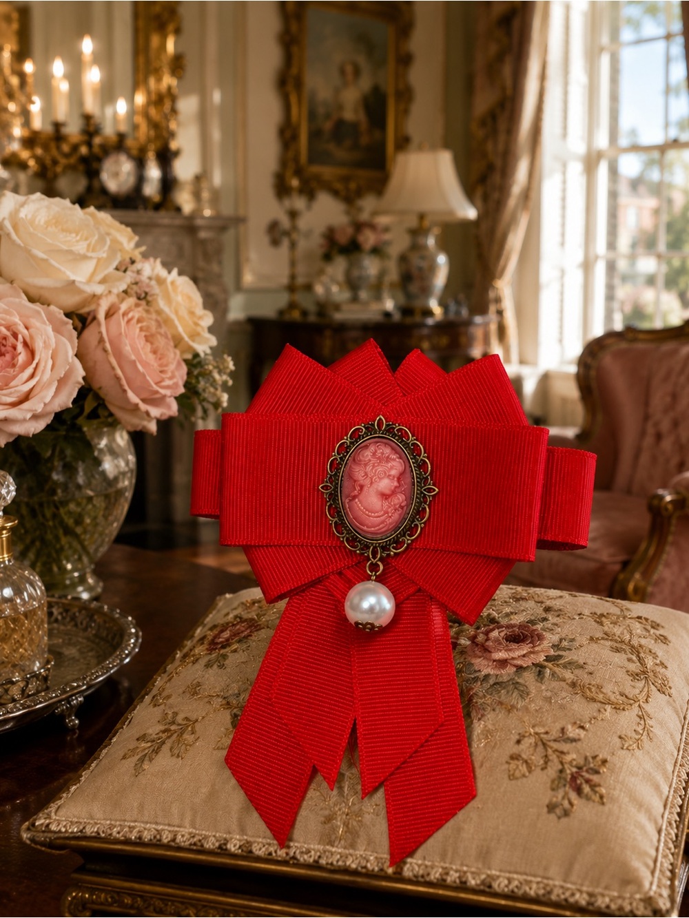 Vintage Victorian-Inspired Elegant Red Ribbon Brooch with Cameo and Pearl Accent - Picture 6 of 10